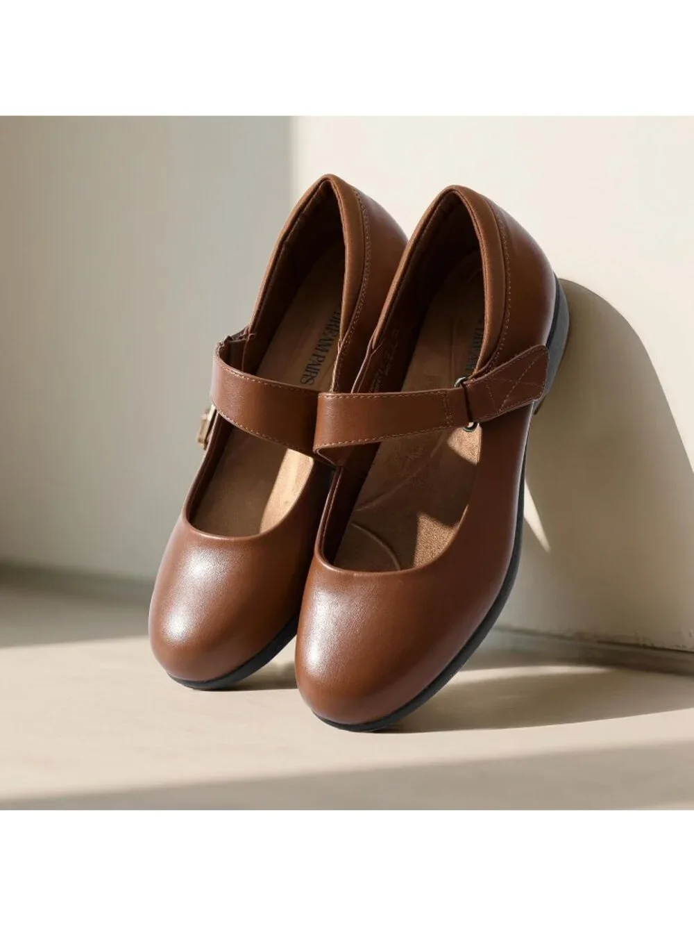 Dream Pairs Women's Brown Round Toe Adjustable Ankle Strap Mary Jane Flats